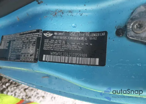 2003 Mini Cooper S z USA, uszkodzony, nr VIN WMWRE33423TD59989